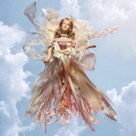 VTG Porcelain Angel Christmas Ornament Cream Pink Pearl Lace Feathers Ribbon 12” - Picture 1 of 16